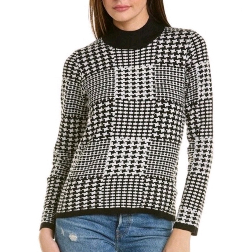Joseph A. Black White Houndstooth Mock Neck Pullover Sweater Size Medium